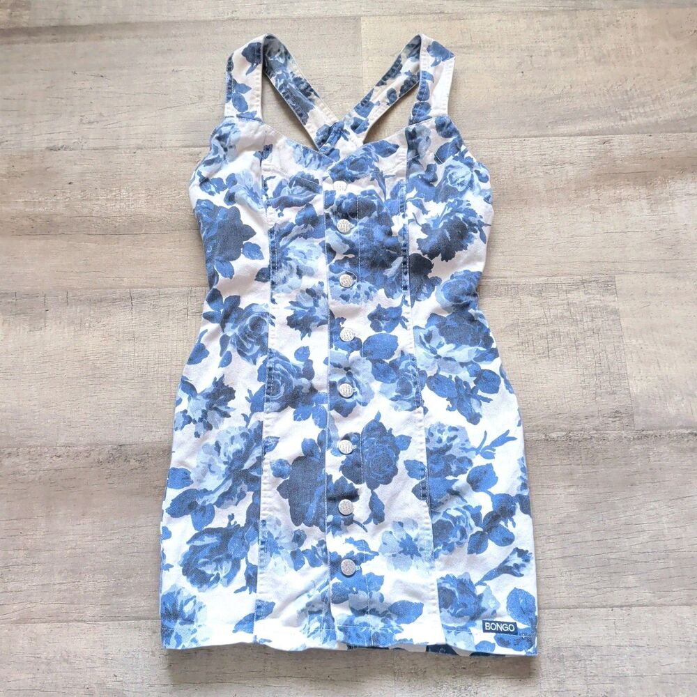 Rare Bongo Floral Denim Button Front Dress Size 7 Vintage Jean Made In USA EUC